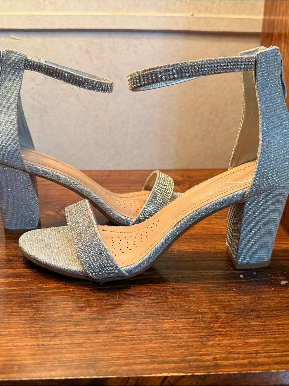 Silver Embellished Ankle-Strap Women's Heels - Picture 3 of 10